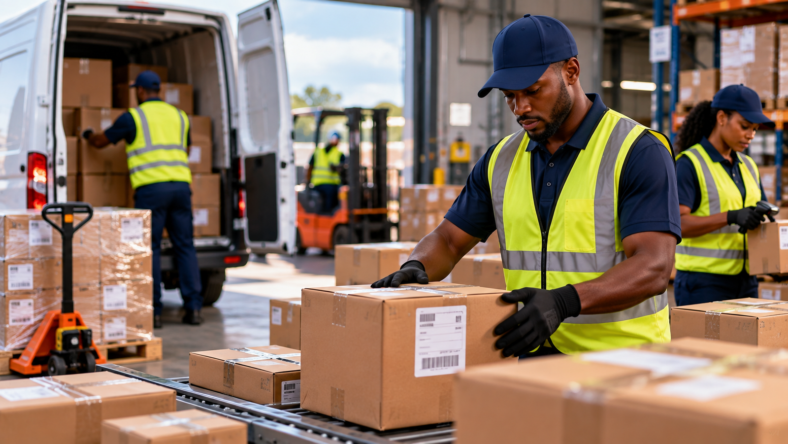 Logistics team securely preparing shipments for delivery